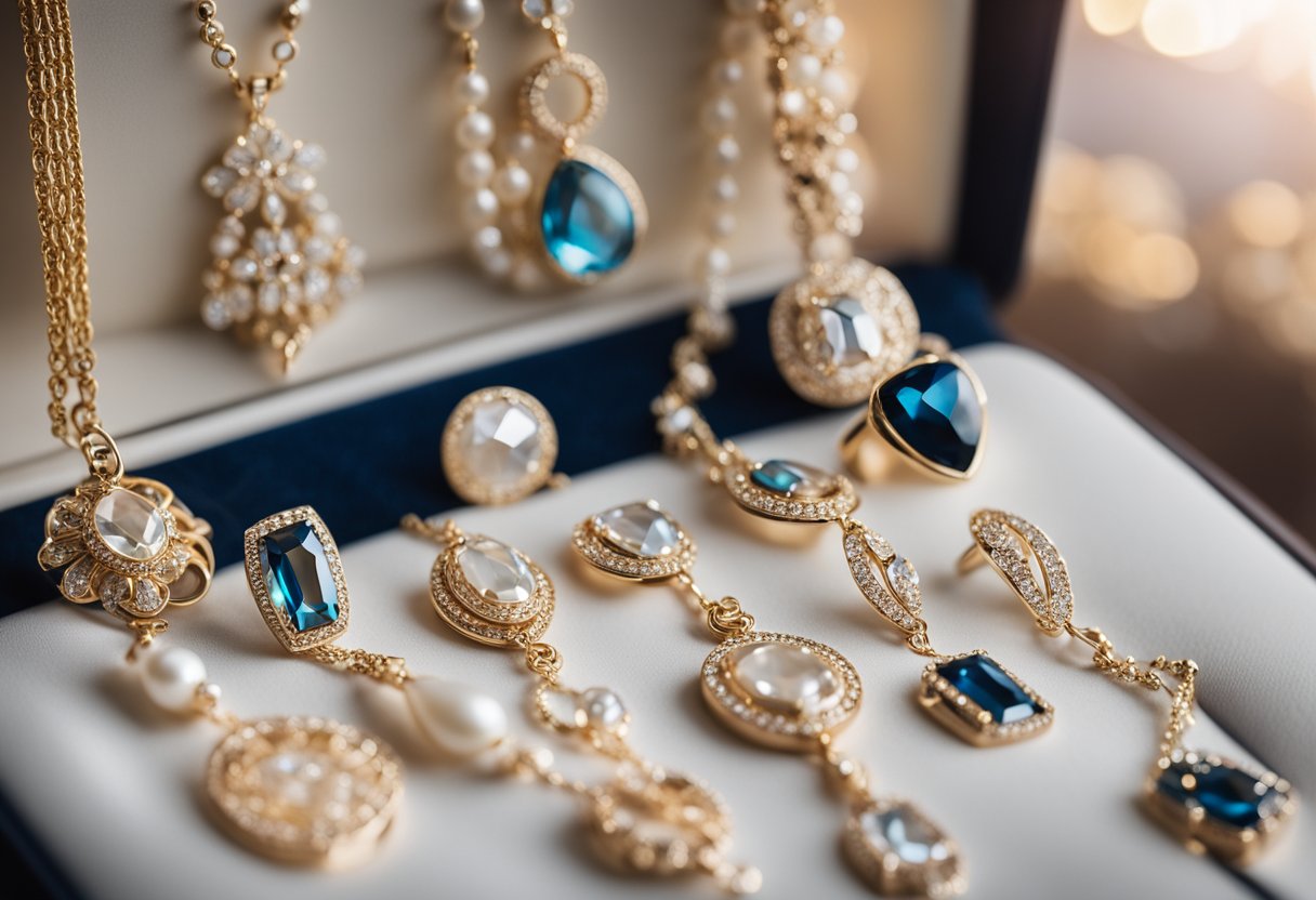 A display of elegant jewelry with personalized graduation gifts for her, showcasing delicate necklaces, sparkling earrings, and dainty bracelets