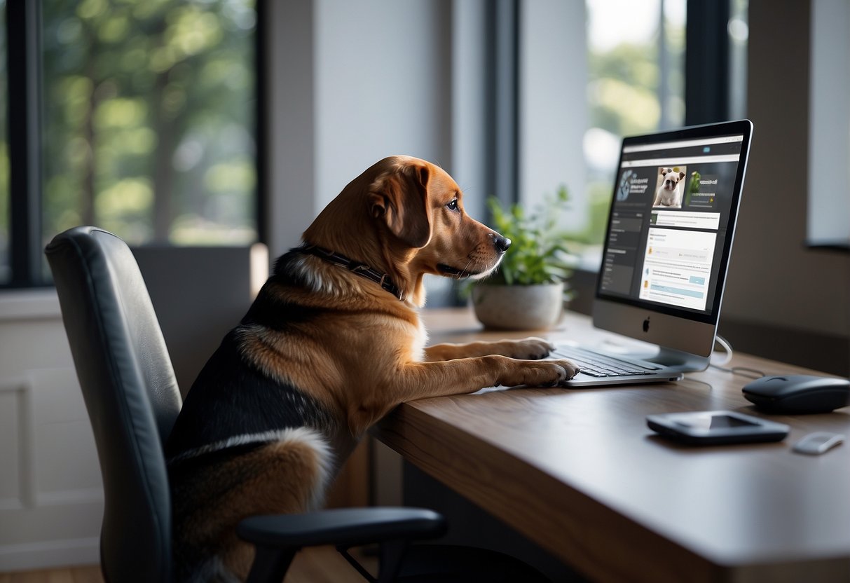 A person fills out paperwork at a desk, with a dog sitting beside them. A computer screen displays the website for registering a dog with the LOF