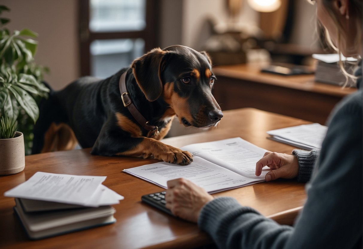 A dog owner filling out paperwork at a desk, with a registration form for the Lof (Livre des Origines Français) in front of them