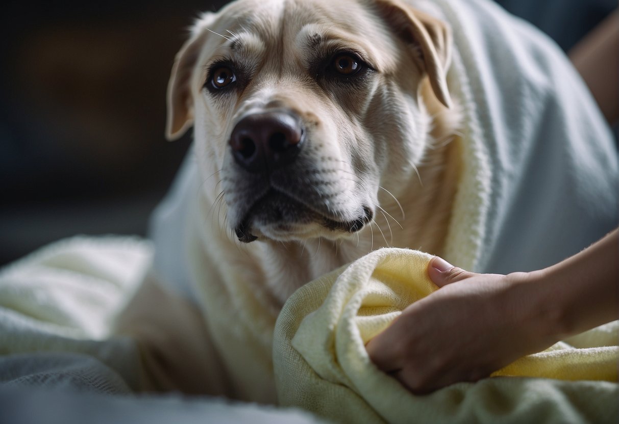 A dog's vulva being gently cleaned with a damp cloth