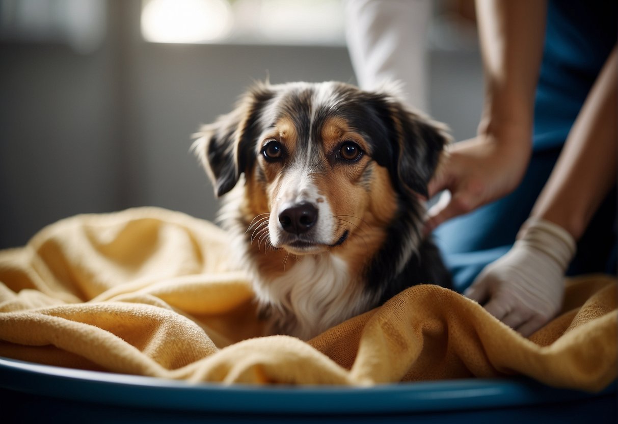 A dog's vulva being gently cleaned with a damp cloth, using small circular motions. The dog is calm and relaxed during the cleaning process