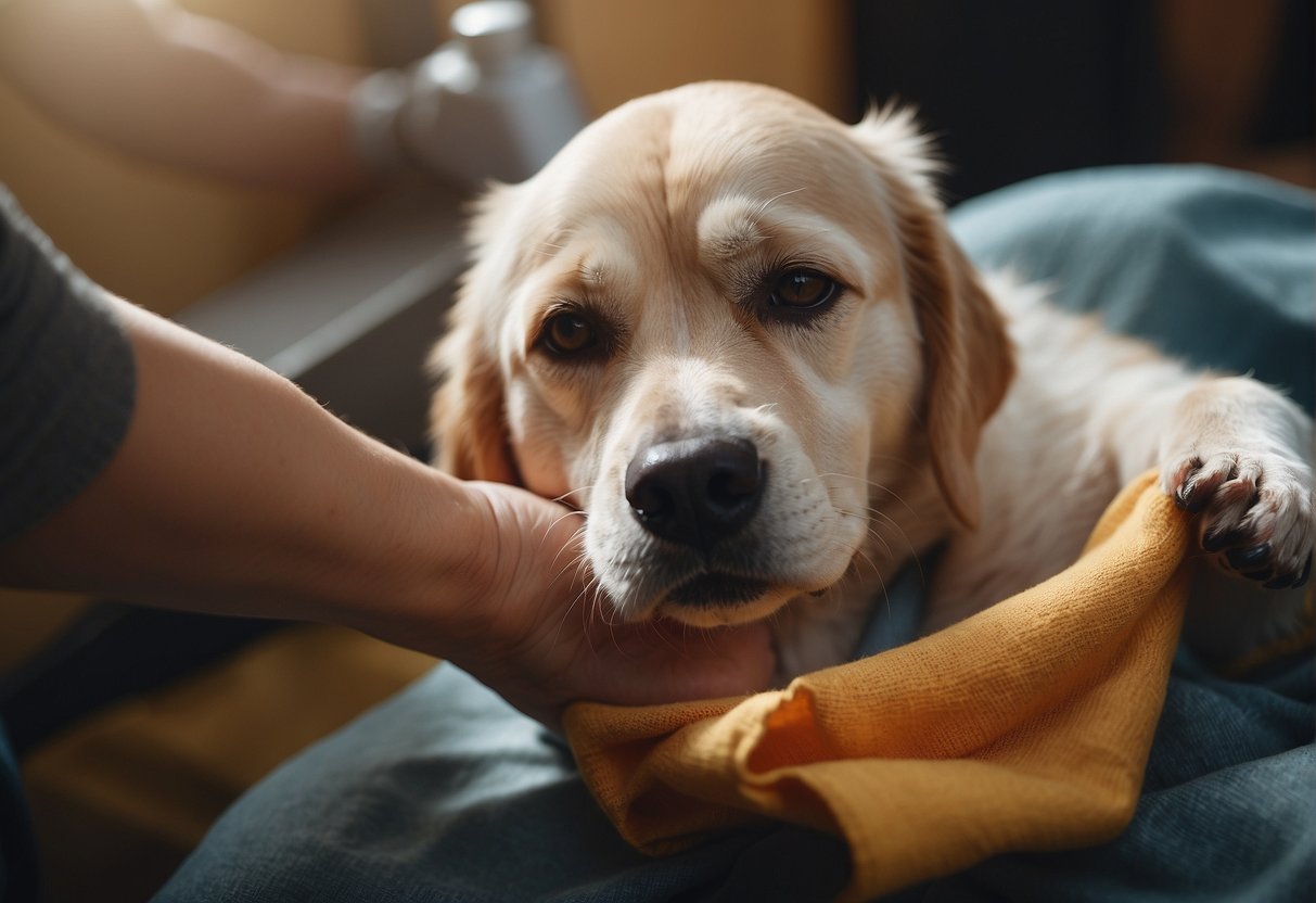 A dog's vulva being gently cleaned with a damp cloth by a caretaker