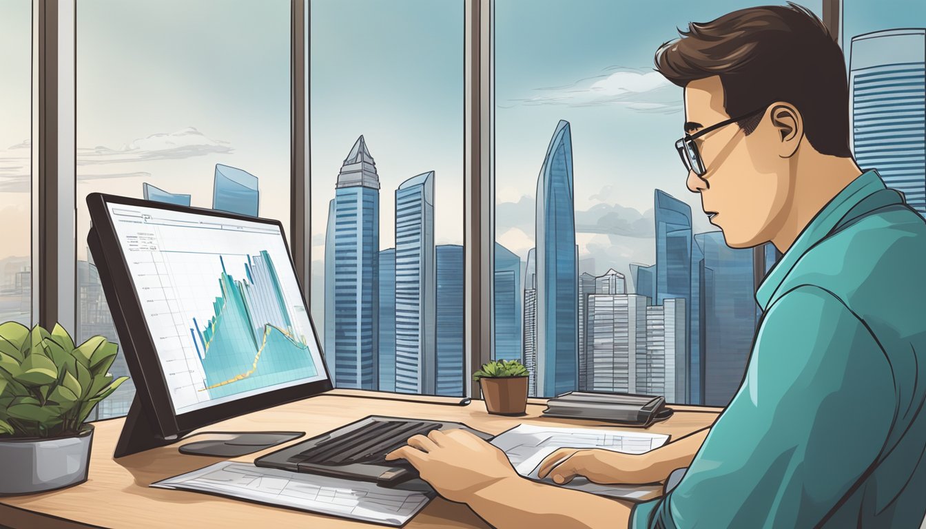 An investor studying index fund performance charts and graphs with Singapore skyline in the background