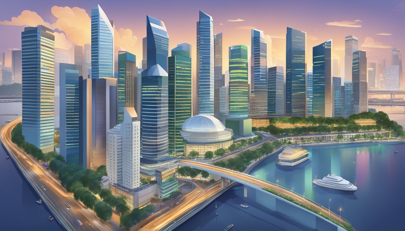A bustling Singapore cityscape with financial district skyscrapers and a stock market trading floor, showcasing the concept of index fund investment