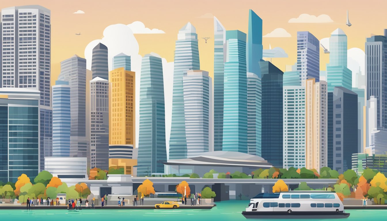 A bustling Singapore cityscape with a prominent "Index Fund Investment" sign, surrounded by financial buildings and a diverse group of people