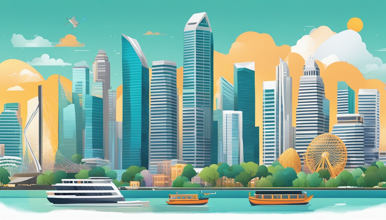 A bustling Singapore cityscape with iconic landmarks, and digital devices connecting investors and borrowers for peer-to-peer lending