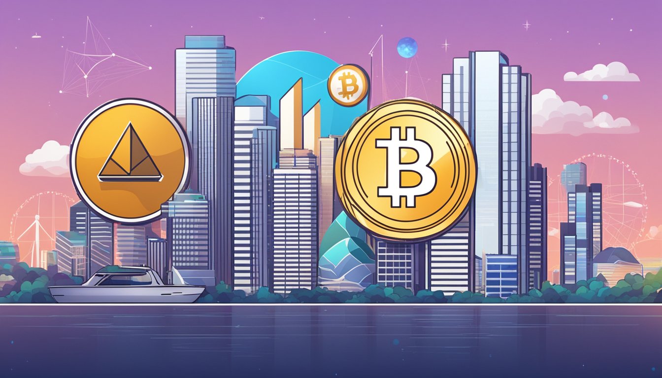 Three cryptocurrency logos (Pancakeswap, Uniswap, Sushiswap) in a Singaporean skyline with financial charts and graphs in the background