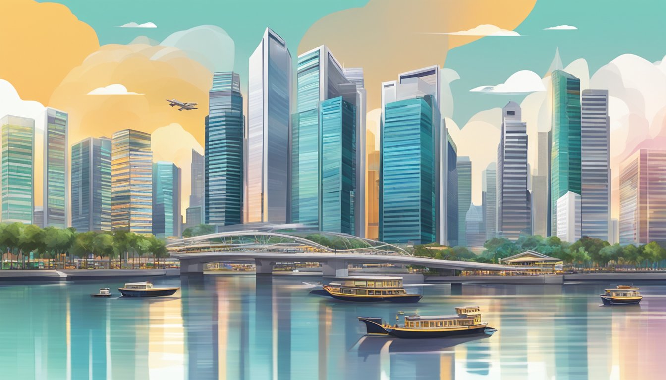 A bustling Singapore cityscape with financial district skyscrapers and digital devices exchanging funds, showcasing the concept of P2P lending