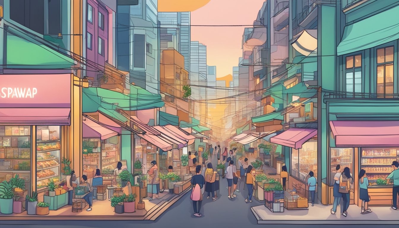 A bustling Singaporean street with three distinct storefronts: Pancakeswap, Uniswap, and Sushiswap. Each shop is filled with eager investors and traders, showcasing the vibrant energy of the decentralized exchange market
