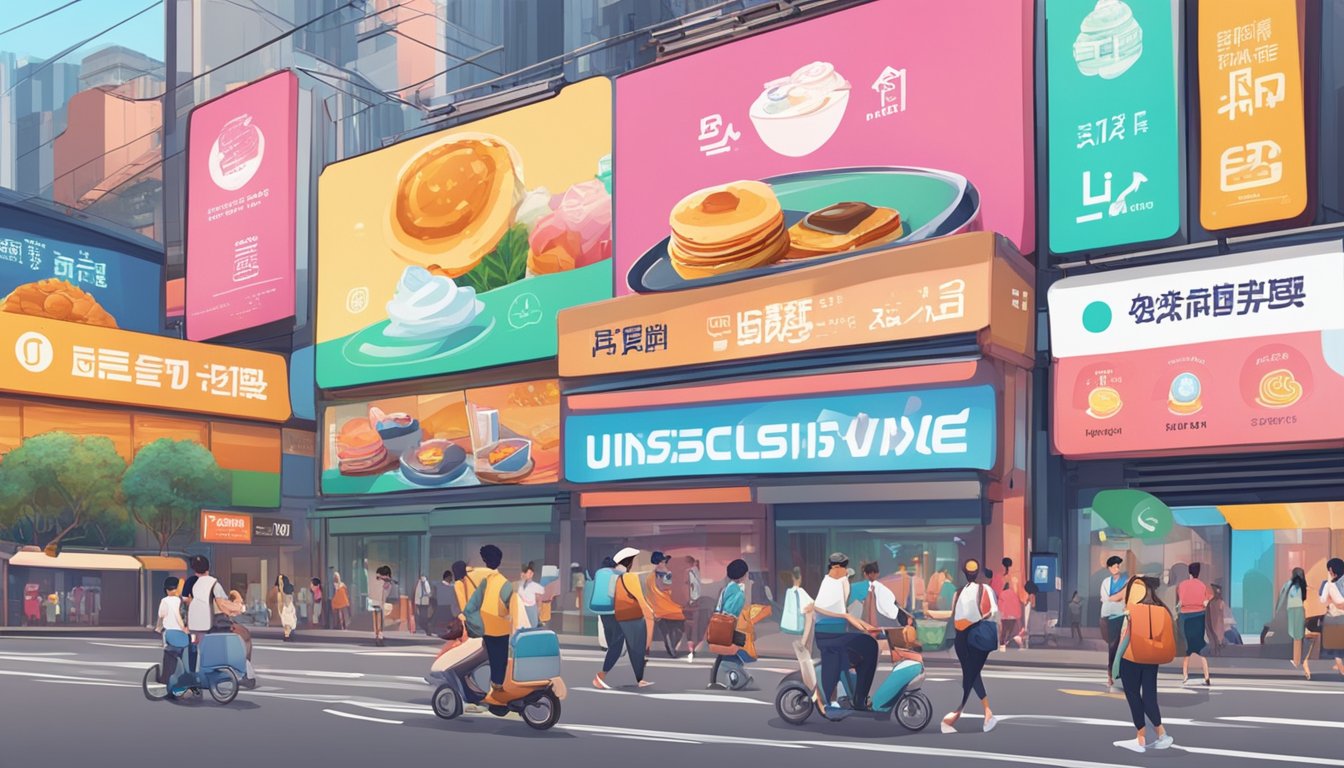 A bustling Singapore street with three competing DEX token symbols (pancakeswap, uniswap, sushiswap) displayed on vibrant billboards