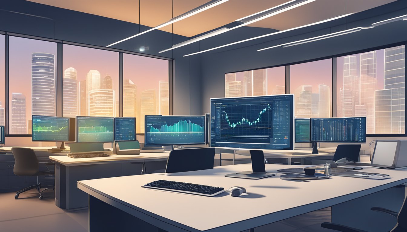 A computer algorithm analyzes investment data, with technology interfaces in a Singapore office setting