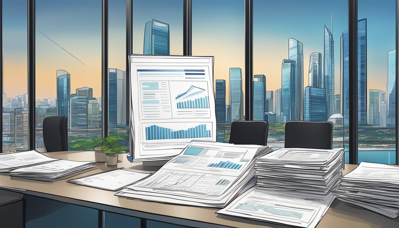 A stack of investment documents and charts in a modern Singapore office, with a city skyline visible through the window