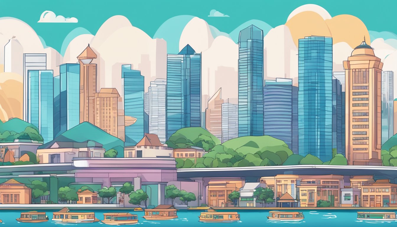 A bustling cityscape in Singapore with three prominent buildings representing Pancakeswap, Uniswap, and Sushiswap, showcasing their impact on governance and community investment