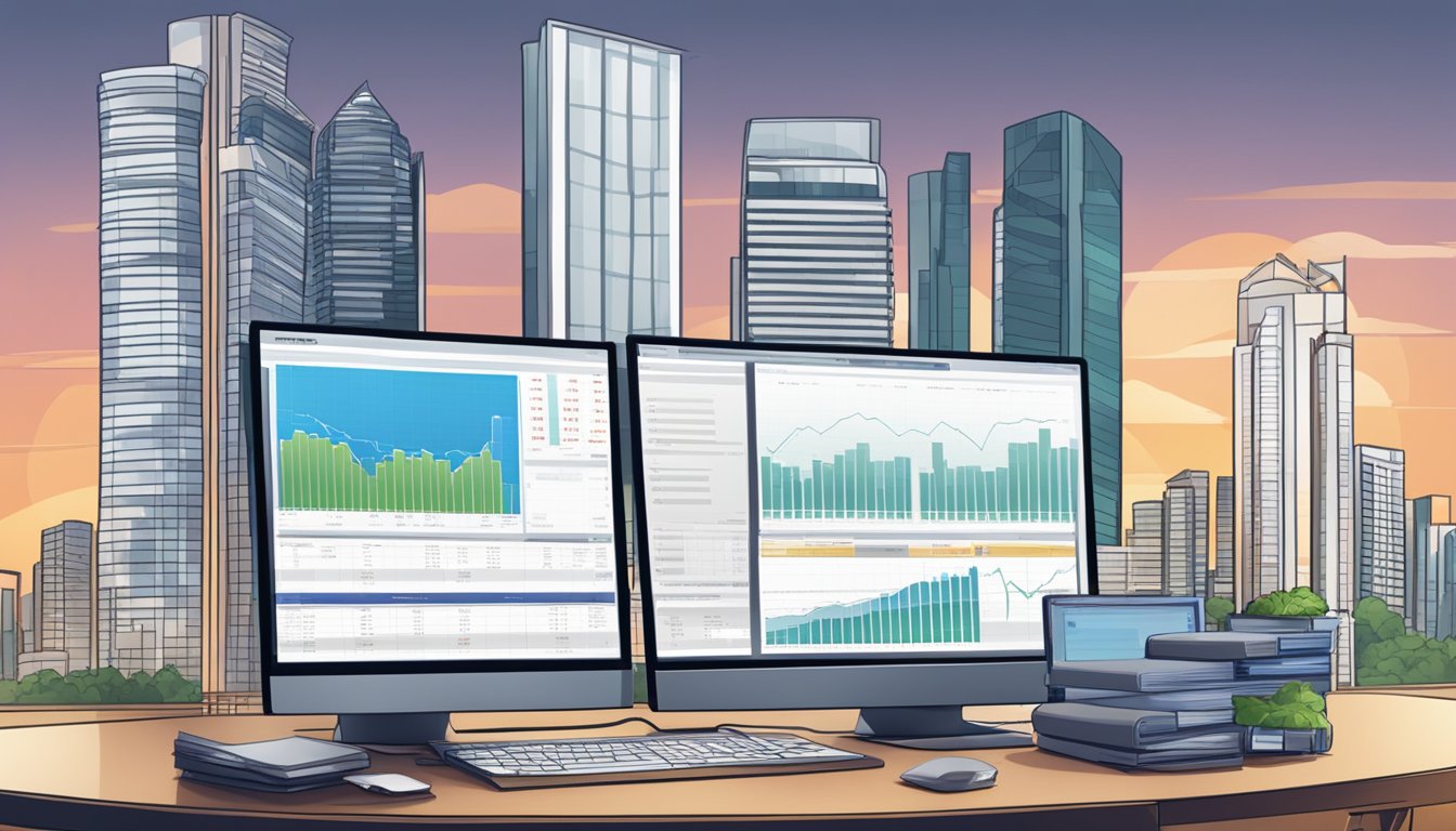 A stack of investment portfolios, a computer with investment charts, and a Singapore cityscape in the background