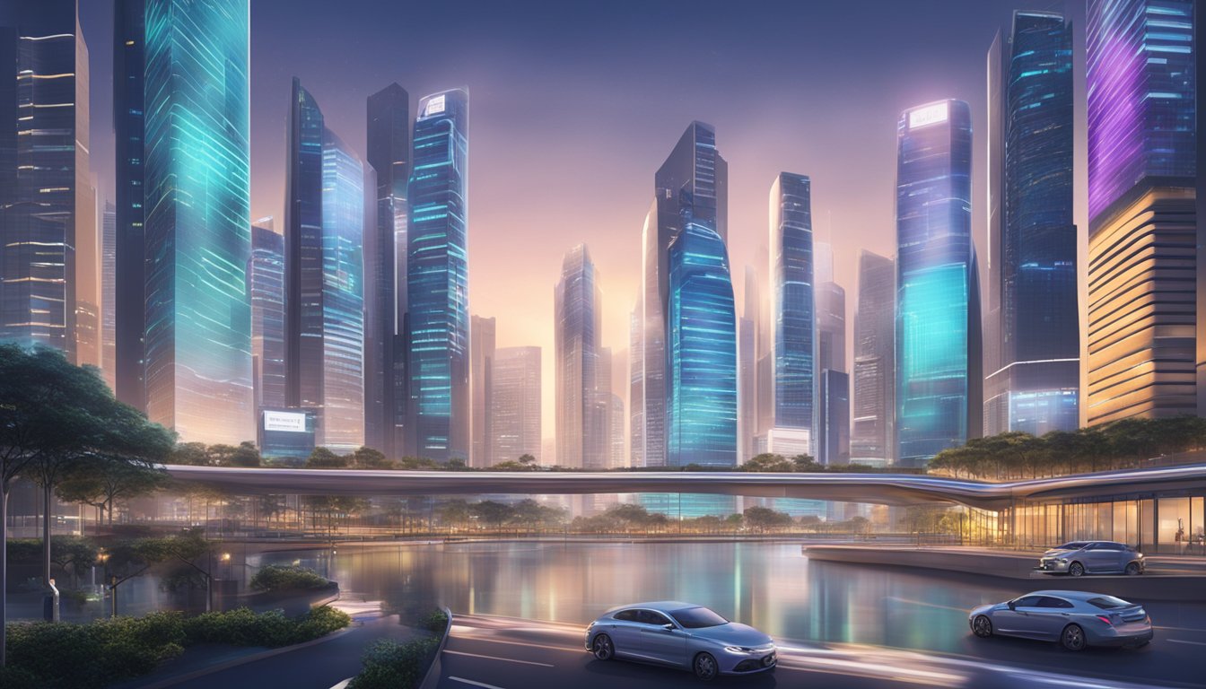 A futuristic cityscape with digital screens displaying P2P lending investment data in Singapore. High-tech buildings and sleek transportation convey a sense of innovation and progress