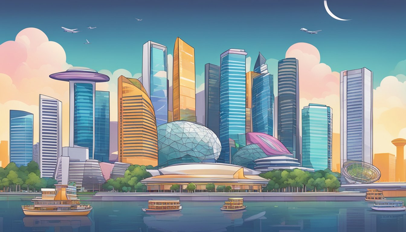 A bustling Singapore skyline with three iconic buildings representing Pancakeswap, Uniswap, and Sushiswap, symbolizing the future of DEXs in the city-state's investment landscape