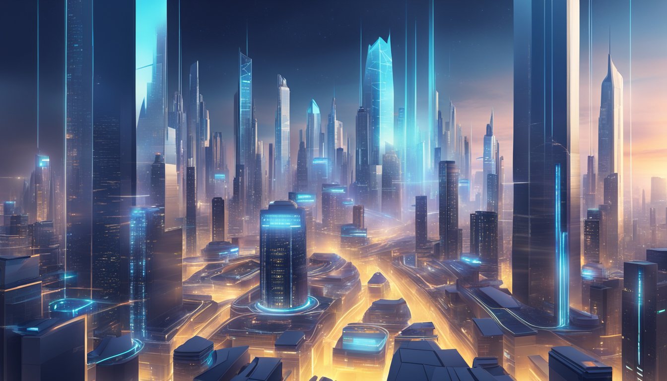 A futuristic city skyline with digital screens displaying investment data, surrounded by advanced technology and sleek architecture