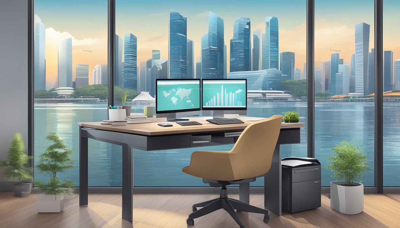 A modern office desk with a computer, financial charts, and a Singapore city skyline in the background