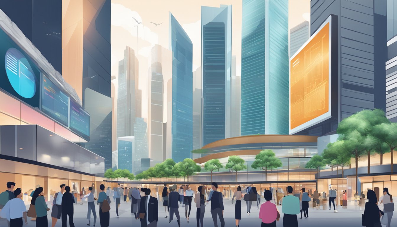 A bustling financial district in Singapore, with skyscrapers and stock market charts displayed on digital billboards. Traders and analysts discussing investment strategies in modern office buildings