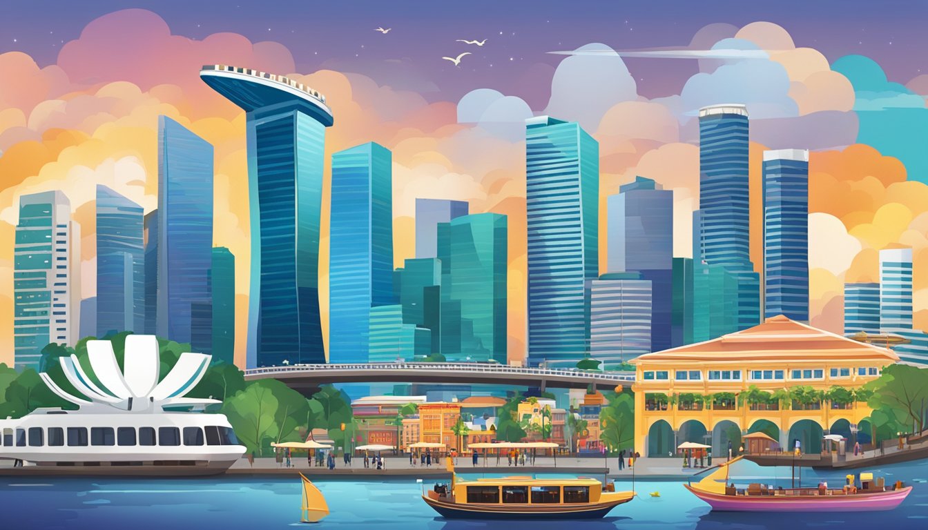 A bustling Singapore cityscape with skyscrapers and financial district, featuring iconic landmarks like Marina Bay Sands and the Merlion statue. A backdrop of vibrant street markets and diverse cultural influences