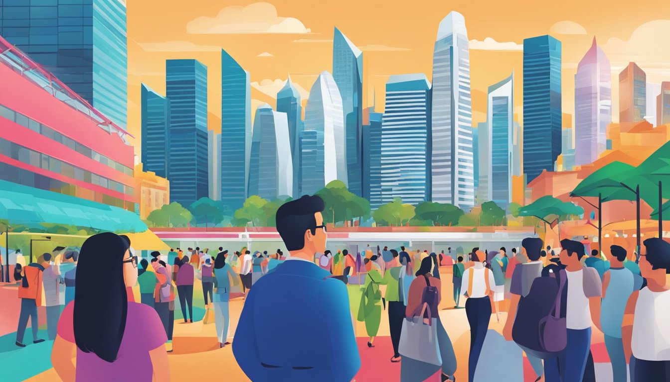 A bustling city skyline with iconic landmarks, financial district buildings, and a diverse mix of people. The scene is vibrant and dynamic, showcasing the modern and progressive nature of Singapore's investment landscape