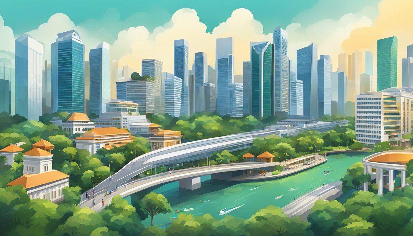 A bustling Singapore cityscape with skyscrapers and financial district, surrounded by lush greenery and modern infrastructure. A diverse mix of people and cultures, with a vibrant atmosphere of business and investment opportunities