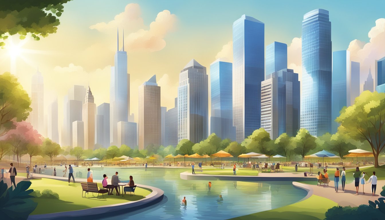 A sunny cityscape with skyscrapers, a bustling financial district, and a serene park with people enjoying leisure activities