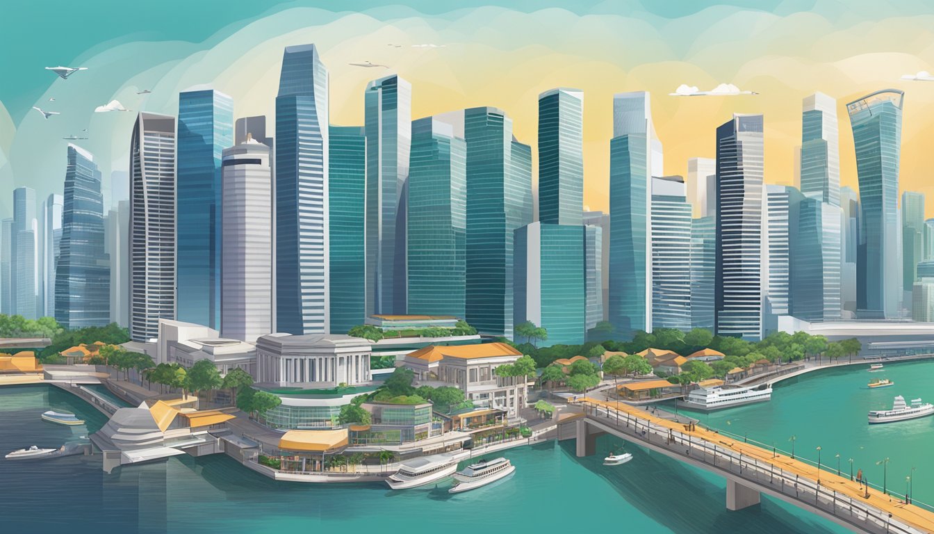 A bustling Singapore cityscape with iconic landmarks like the Marina Bay Sands and bustling financial district, alongside images of investment tools like stocks, bonds, and real estate properties