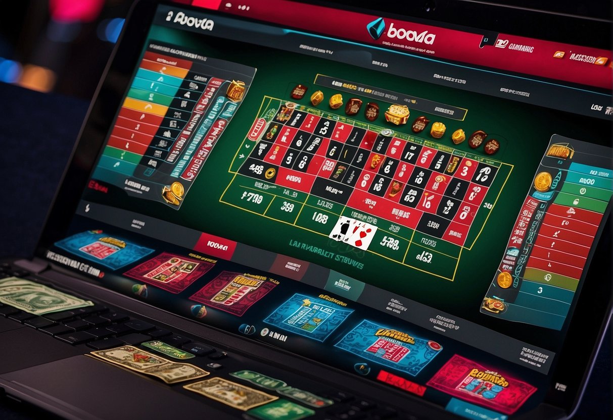 The website bovada.lv features various games for gambling, including bonuses, promotions, and rewards. The interface is sleek and modern, with vibrant colors and clear graphics. Games range from traditional casino favorites like blackjack and roulette to sports betting and virtual slot