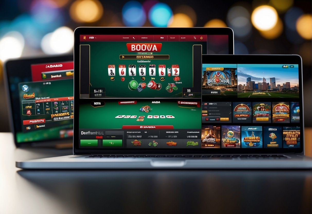 The website bovada.lv features a sleek interface with various gambling games like slots, poker, and sports betting. The homepage showcases vibrant graphics and easy navigation for users to explore the different gaming options