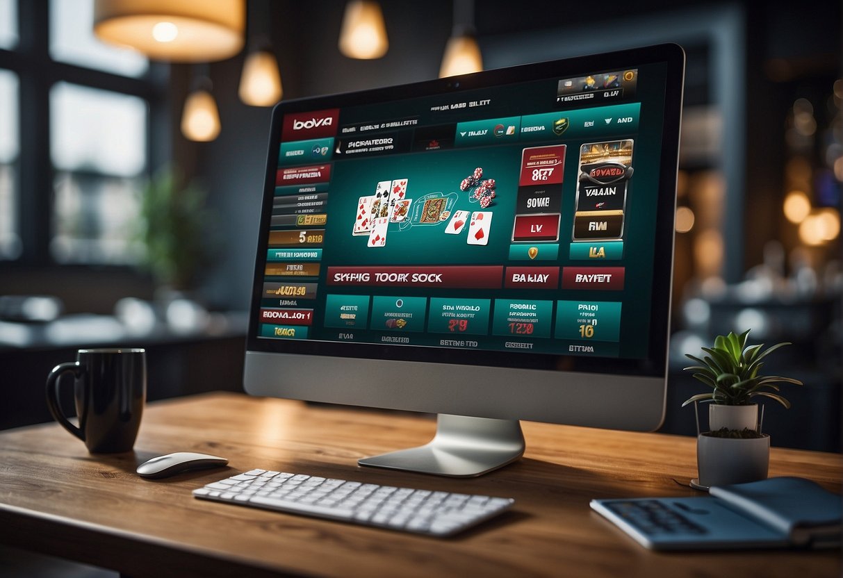 The website bovada.lv is displayed on a computer screen, with various game options such as poker, slots, and sports betting visible on the homepage