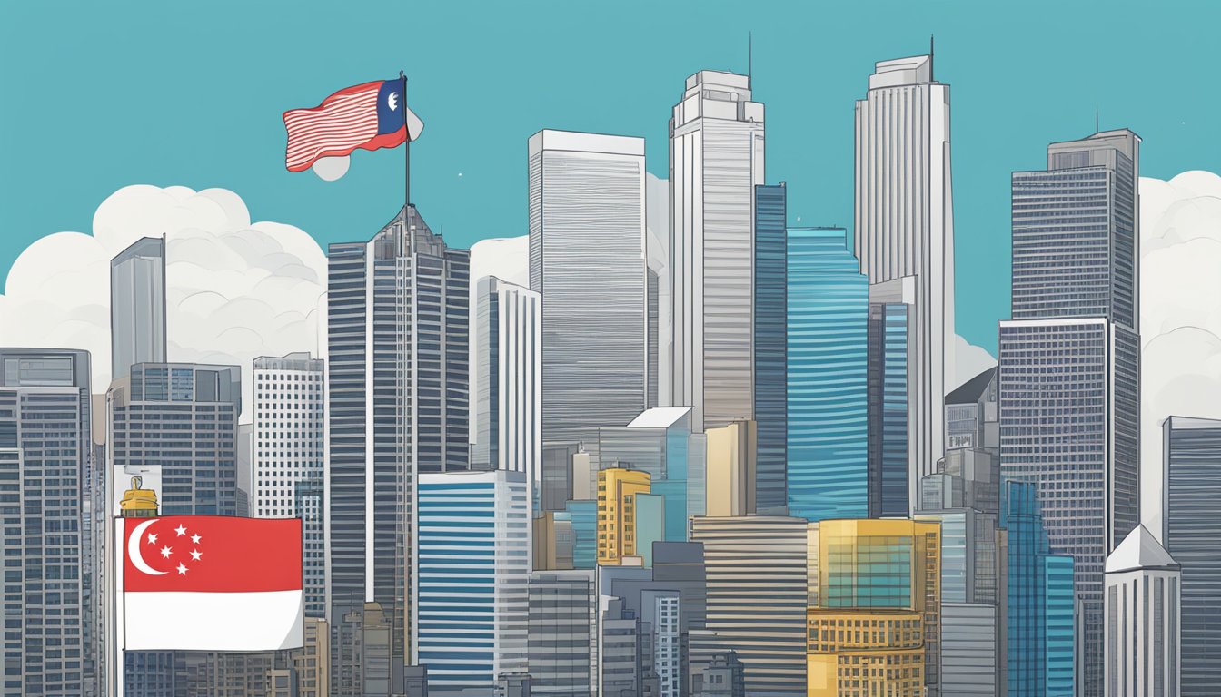 A Singaporean flag flies over the financial district. Bitcoin logos adorn the skyline. Legal documents sit on a desk