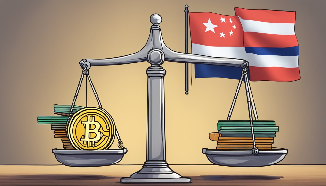 Bitcoin's legal status in Singapore is depicted with a scale, with one side showing a "Legal" label and the other side showing a "Not Legal" label. The scale is balanced in the middle