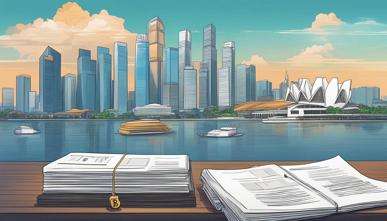A stack of legal documents with "Regulatory Framework for Bitcoin" on the cover, set against a backdrop of the Singapore skyline