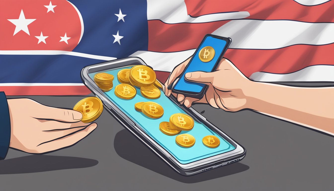 A person swipes a Bitcoin wallet on a mobile device to make a payment. The Singapore flag is visible in the background
