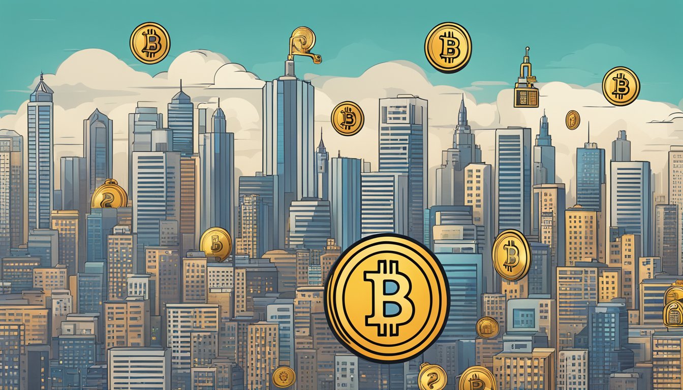 A city skyline with a Bitcoin symbol hovering above, surrounded by question marks and security padlocks