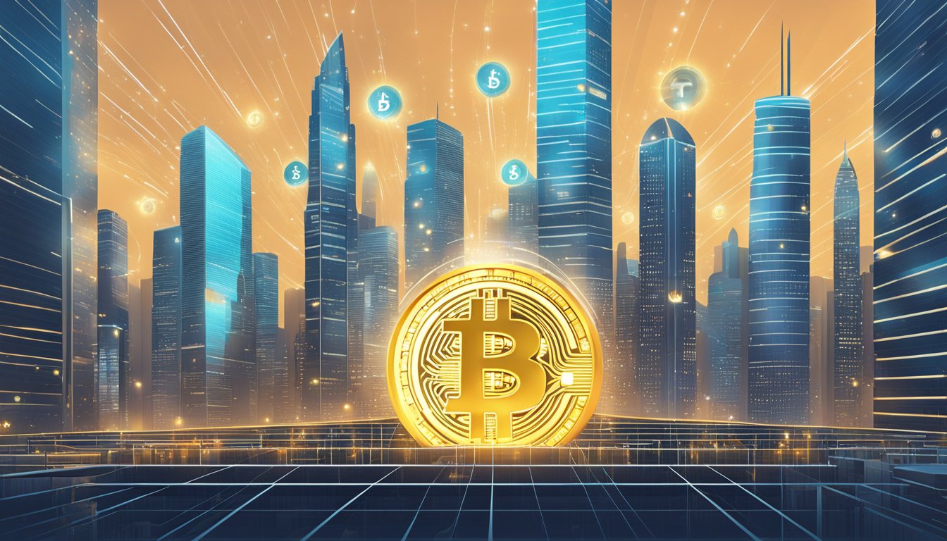 A futuristic cityscape with digital currency symbols floating above skyscrapers, showcasing the integration of innovation and technology in Bitcoin