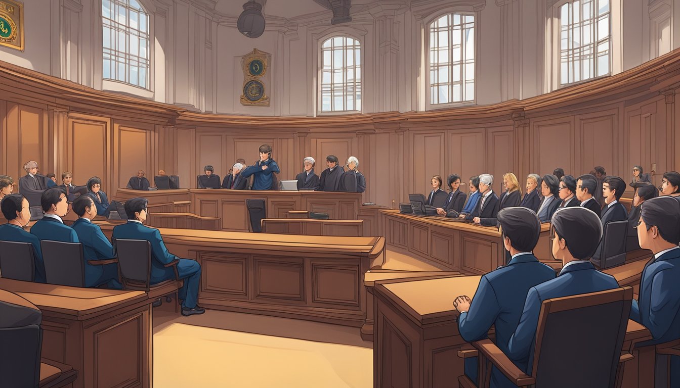A courtroom with a judge presiding over a case involving Bitcoin use in Singapore. Lawyers present evidence and arguments while the jury listens attentively
