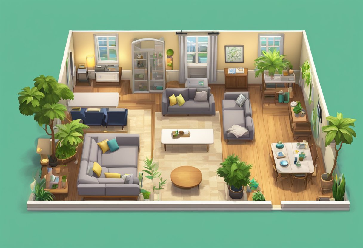 A character confidently progresses through the Sims Mobile game, utilizing cheats to advance quickly and effortlessly. The character's surroundings are filled with in-game items and decorations