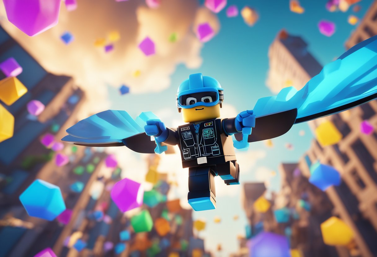 A Roblox character soaring through the sky, with a determined expression and arms outstretched, surrounded by colorful clouds and a vibrant virtual world