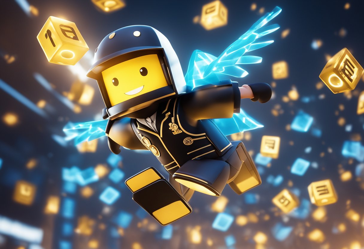 A character in Roblox effortlessly soaring through the air, with a mischievous grin, surrounded by floating hack symbols and code