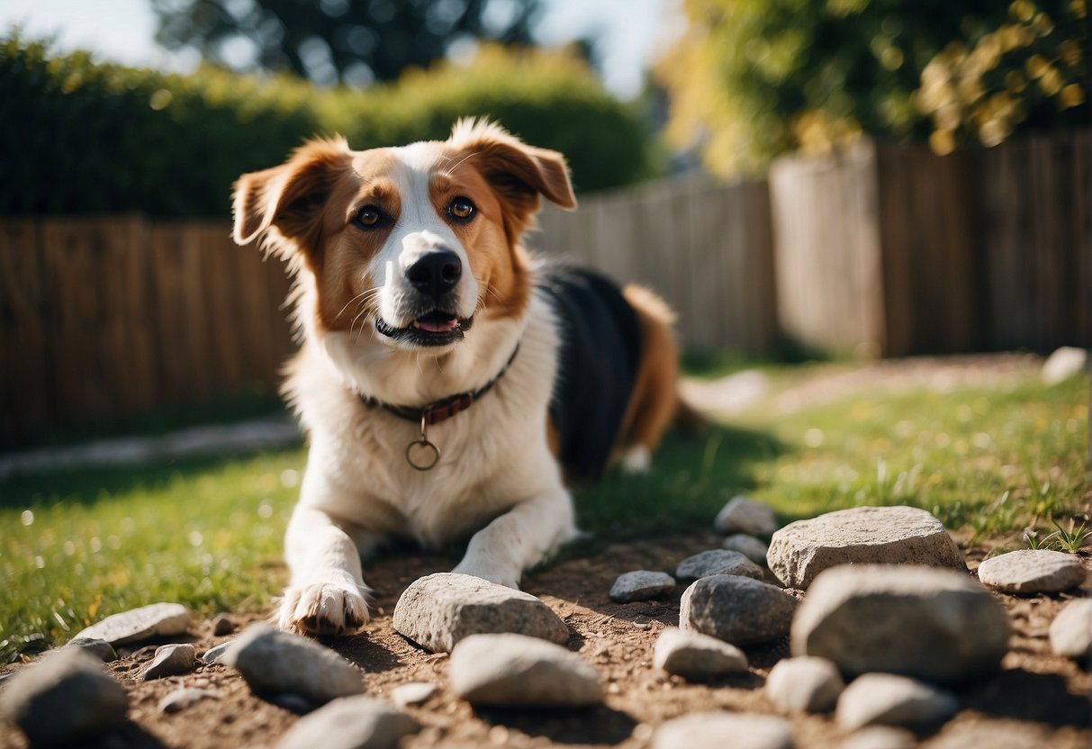 A dog eating rocks in a backyard, with a puzzled expression