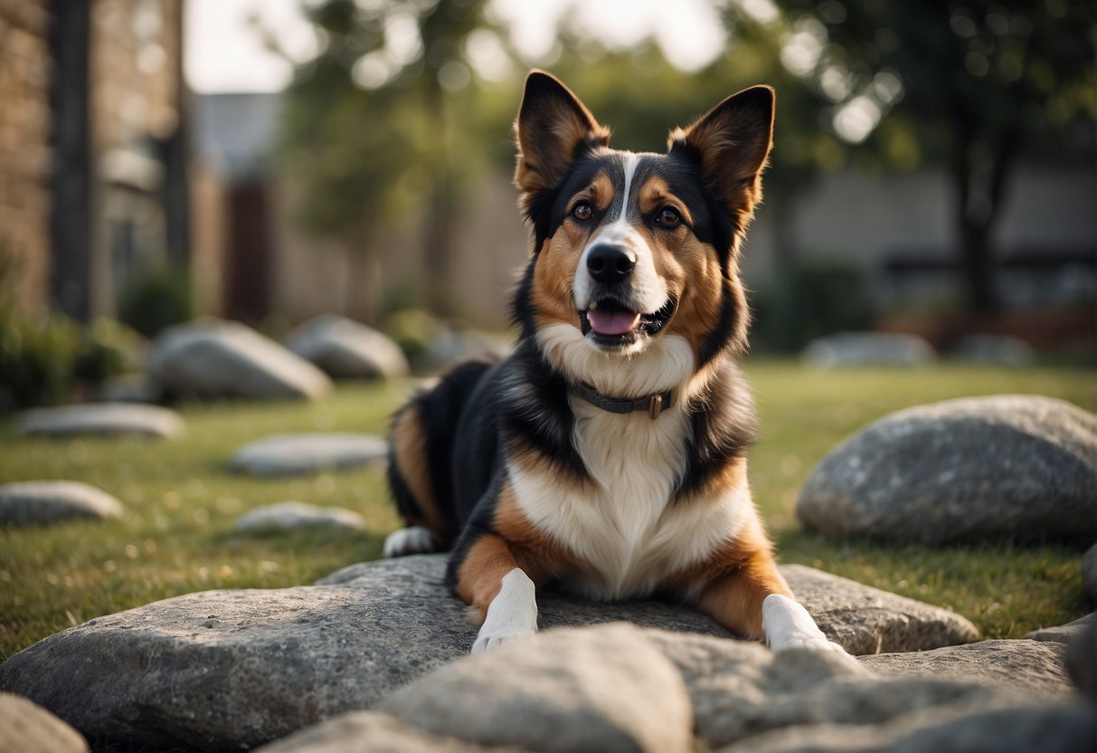 A dog sitting in a yard, surrounded by scattered rocks, with a puzzled expression on its face as it chews on a large stone
