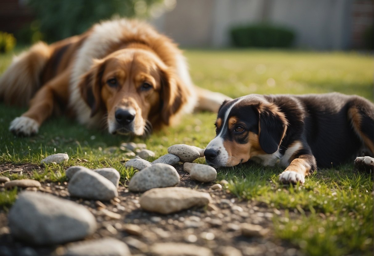A dog eating rocks in a yard, with a concerned owner looking on. The dog appears distressed and uncomfortable