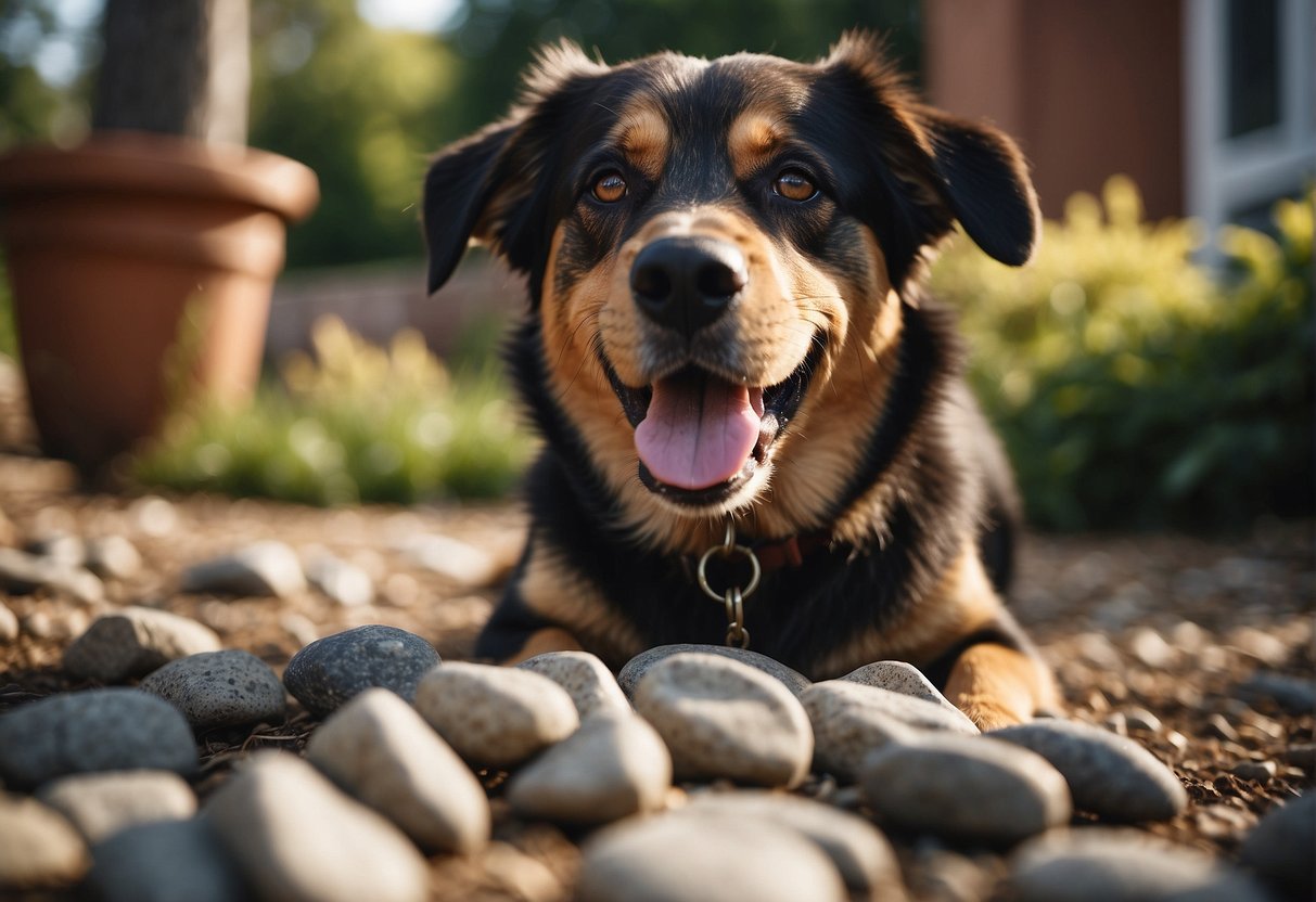 A dog eating rocks in a backyard, with a puzzled expression on its face