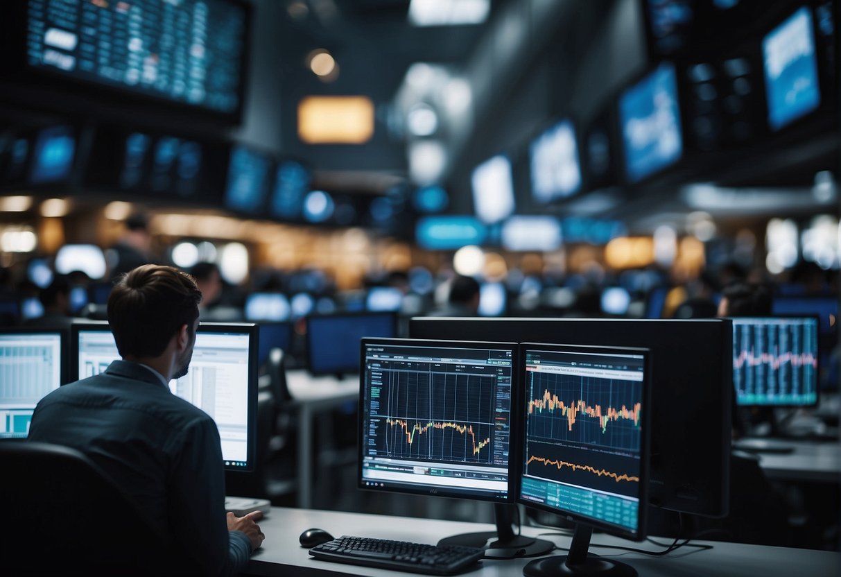 A bustling digital marketplace with various Solana trading bots executing trades with speed and precision. Multiple screens display real-time data and charts, while the bots work seamlessly to maximize profits