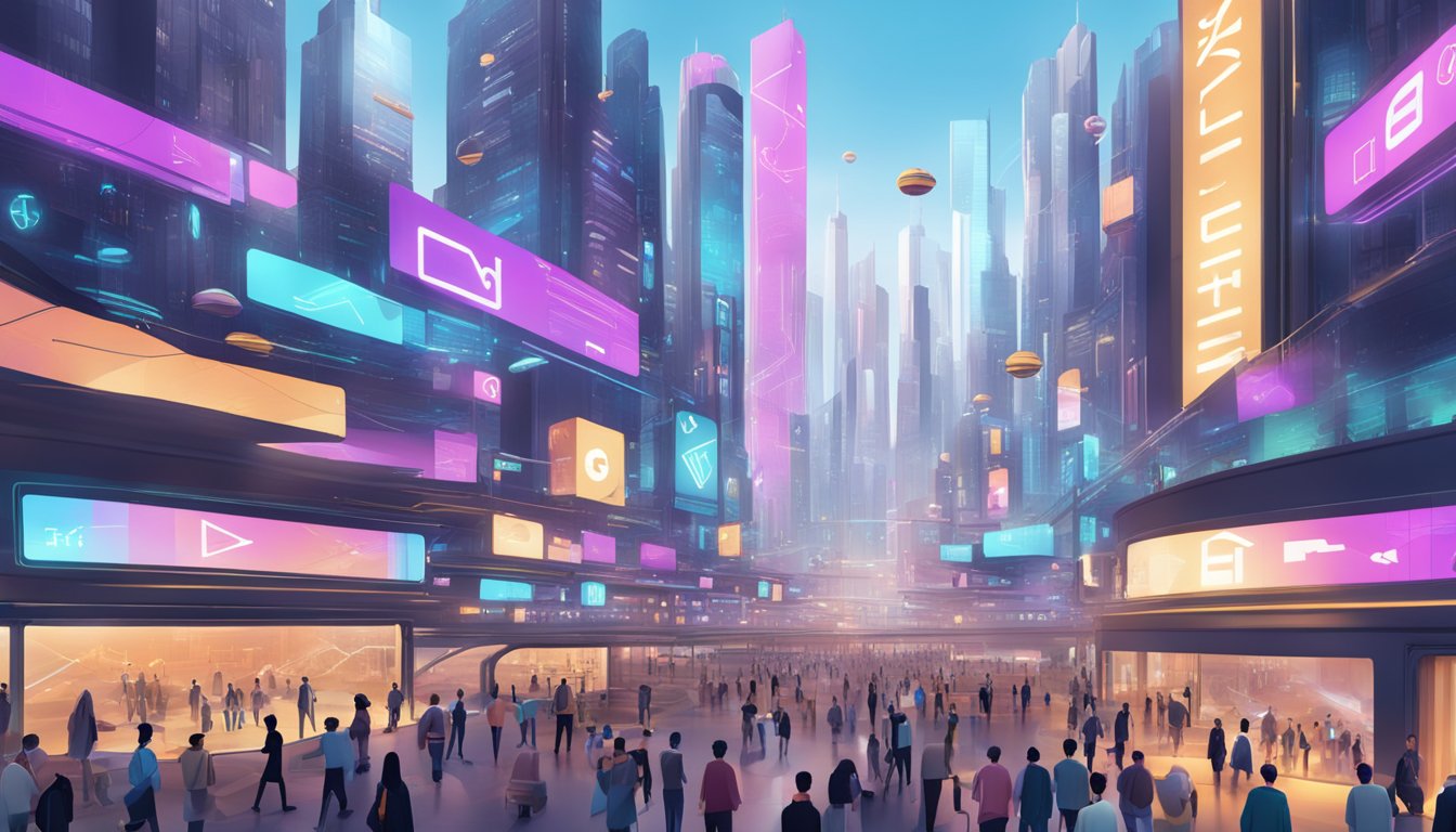 A futuristic cityscape with digital billboards displaying various Metaverse ETF symbols, surrounded by bustling crowds and high-tech architecture
