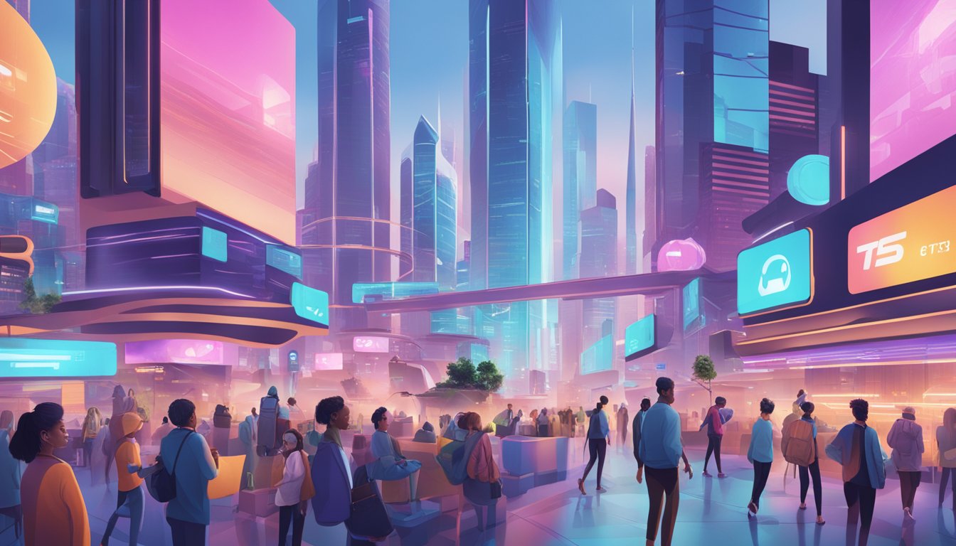 A bustling cityscape with futuristic buildings and digital billboards, showcasing people engaging in virtual reality experiences and trading Metaverse ETFs