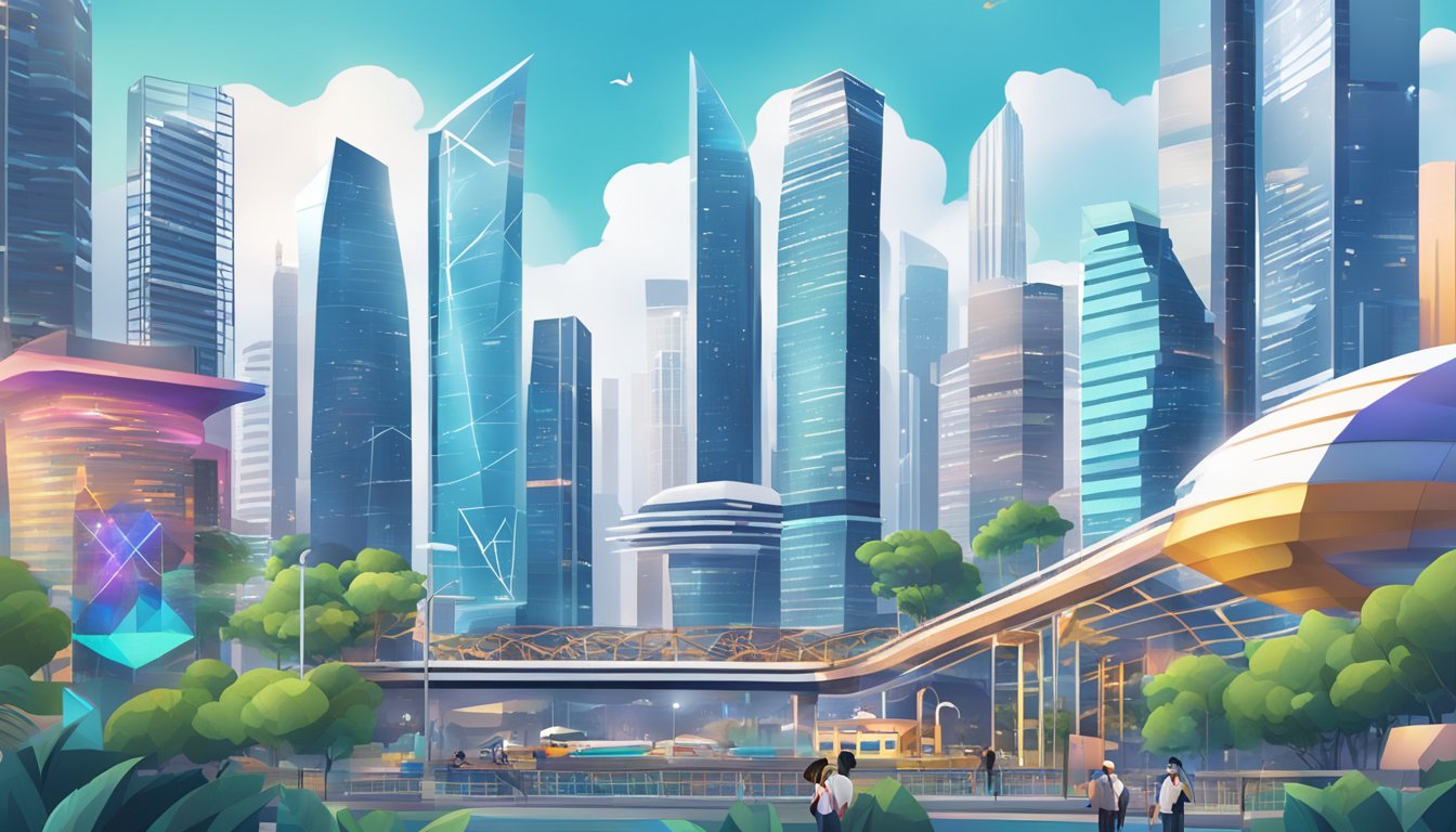 A bustling Singapore skyline with digital overlays, showcasing Metaverse ETF symbols and investment graphs