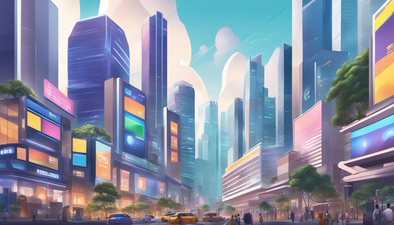 A bustling Singapore cityscape with digital billboards promoting metaverse ETF investing, surrounded by futuristic skyscrapers and bustling streets